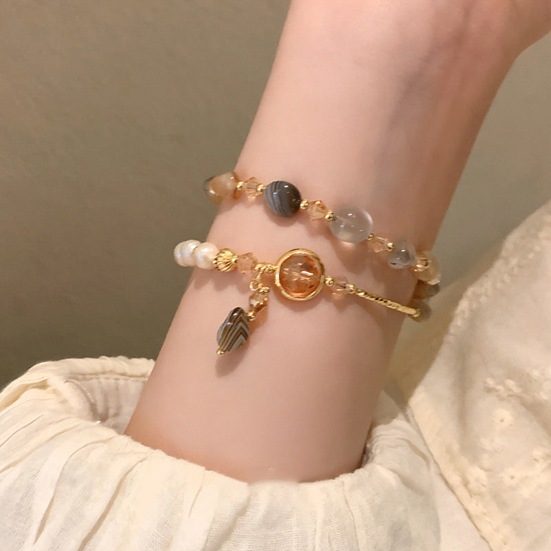 Wholesale Tide Elegant Pearl Crystal Jade Double Circle Bracelet Niche Personality Bracelet Fashion High Sense Bracelet